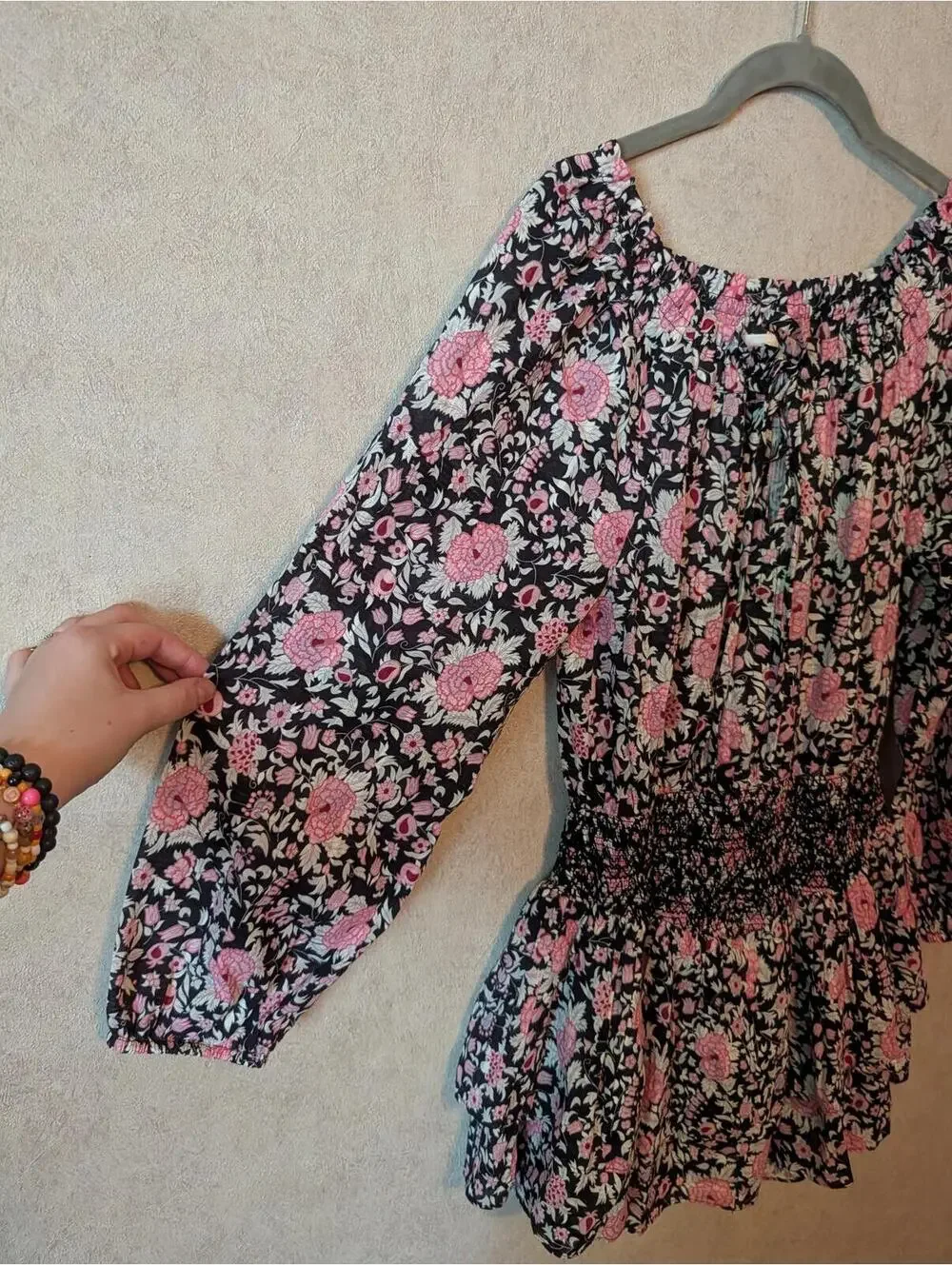 LOVESHACKFANCY Netra black pink long sleeve floral mini dress sz XS - Picture 3 of 7